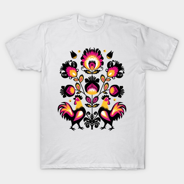 Folk composition with roosters and flowers T-Shirt by FK-UK